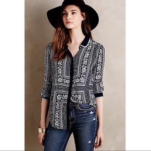 Anthropologie Maeve Art House Floral Button Front Blouse Size 2 EUC Long Sleeves